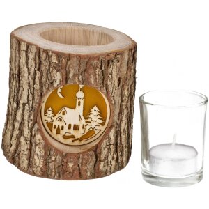 Wooden lantern with bark and backlit motif - atmospheric chandelier church