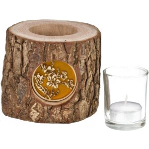 Holz-Windlicht mit Rinde und hinterleuchteten Motiv - Stimmungsleuchter Alpenrose