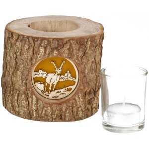 Holz-Windlicht mit Rinde und hinterleuchteten Motiv - Stimmungsleuchter Steinbock