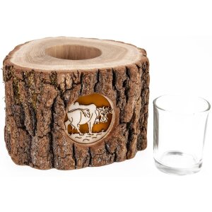 Holz-Windlicht mit Rinde und hinterleuchteten Motiv - Stimmungsleuchter Kuh