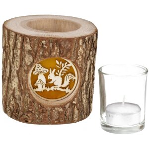 Wooden lantern with bark and backlit motif - mood chandelier squirrel