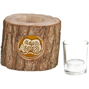 Holz-Windlicht mit Rinde und hinterleuchteten Motiv - Stimmungsleuchter Eulen