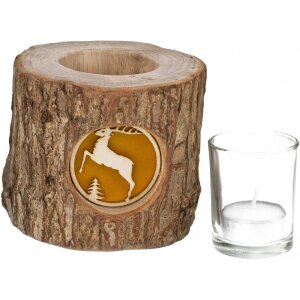 Holz-Windlicht mit Rinde und hinterleuchteten Motiv - Stimmungsleuchter Hirsch / Baum