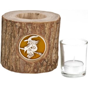Holz-Windlicht mit Rinde und hinterleuchteten Motiv - Stimmungsleuchter Hexe