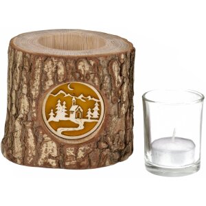 Holz-Windlicht mit Rinde und hinterleuchteten Motiv - Stimmungsleuchter Kirche im Wald