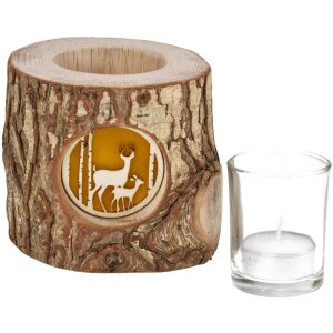 Wooden lantern with bark and backlit motif - mood chandelier deer in a birch forest