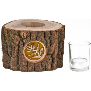 Holz-Windlicht mit Rinde und hinterleuchteten Motiv - Stimmungsleuchter Farn