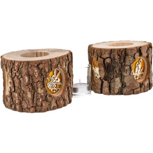 Rustikales Holz Windlicht mit Rinde und 3 hinterleuchteten Motiven - Heilige Famliie - Kerzen - Rehe