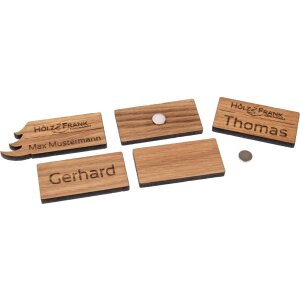 Magnetic name badges made of FSC®-certified oak wood with two magnets