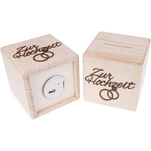 Money box - Natural spruce - Cube shape - Oiled walnut motifs - Motif: Wedding