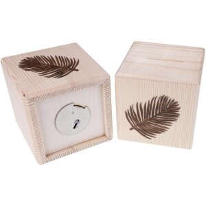 Spruce money box cube shape with walnut fern leaf motif