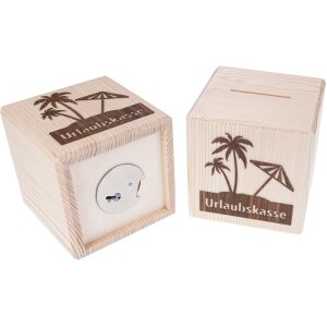 Spruce money box cube shape with walnut motif vacation fund