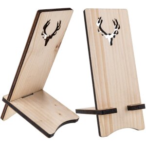 Swiss stone pine cell phone holder with antler design | Fragrant wooden holder for smartphones