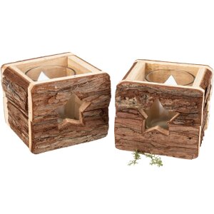 Rustikales Holz Windlicht mit Rinde - 9 x 9 cm für gemütliche Atmosphäre Stern
