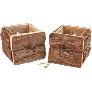 Rustikales Holz Windlicht mit Rinde - 11 x 11 cm für gemütliche Atmosphäre Stern