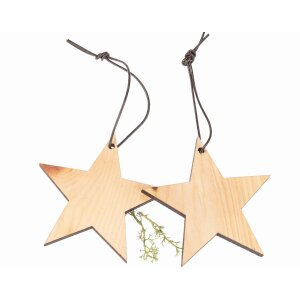 Wooden star made of fragrant Swiss stone pine - laser-cut Christmas decoration 90 x 90 x 5 mm with black leather strap