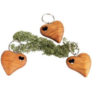 Cherry wood key ring - curved heart in heart