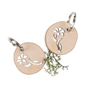Round tree disk key ring with flower motif