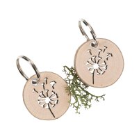 Round tree disk key ring with dandelion motif