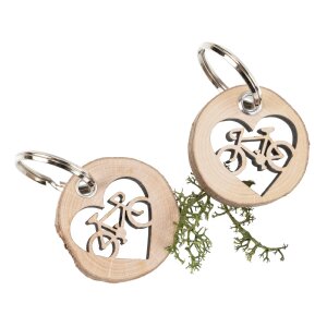 Runder Baumscheiben-Schlüsselanhänger mit Fahrrad Motiv