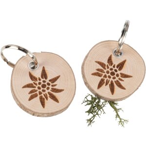 Runder Baumscheiben-Schlüsselanhänger mit Edelweiss Motiv