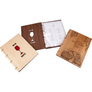 High-quality wooden menu with DIN A5 booklet rings - Gold ash booklet rings with FSC® oiled core