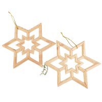 Snowflake stars pierced from needle wood with gold ribbon...