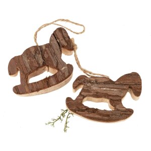 Weihnachtsanhänger mit Rinde - Schaukelpferd-Design - 8 x 6 cm, Baumschmuck aus Holz