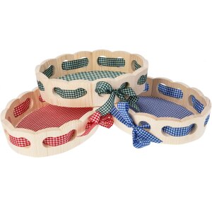 Holz Brotkorb Oval 28x21x6.5 cm mit Band und Stoff | blau/weiß