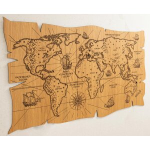 Holz Wandbild Weltkarte Antik aus Geölter Eiche FSC® - 120x72 cm