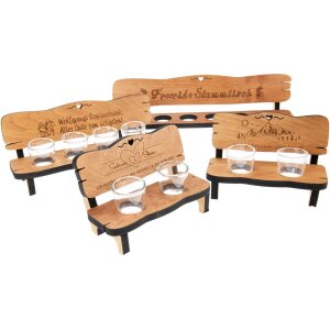 Personalisierte Schnapsbank aus Eiche geölt mit Gravur – inkl. Gläser