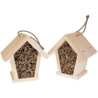 Natural wild bee hotel / insect house made of spruce wood with reed tubes