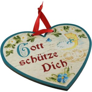 Holz Geschenk-Herzen - bunt bedruckt - Gott schütze Dich, blau