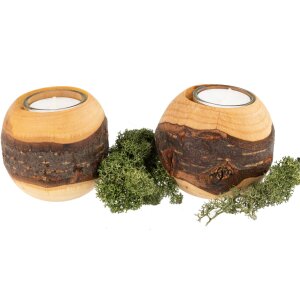 Gedrechselte Holzkugel mit Glas und Teelicht - Erle geölt mit Rinde ca. 7 cm