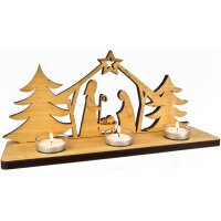 Handmade tealight holder made of oiled alder wood in the shape of a crib with glass and tealight